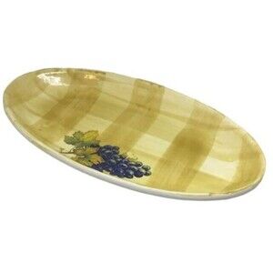 Ceramica Due Torri Tray Made Italy Yellow Plaid Blue Grapes Leaves Oval Vtg 12"